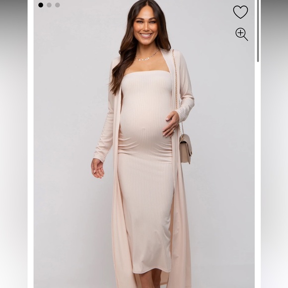 Cream Ribbed Sleeveless Dress Cardigan Maternity Set - Picture 1 of 2